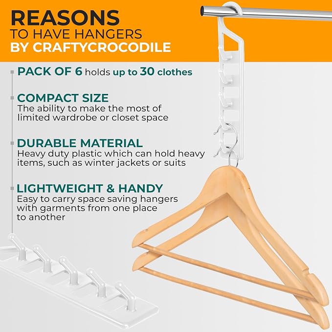 CraftyCrocodile Space Saving Hangers for Clothes - 6 in Pack, Heavy Duty Plastic, Multi Closet Space Savers for Shirts, Pants, Jeans, Sweaters - Hanger Organizer Space Saver, White - Image 6