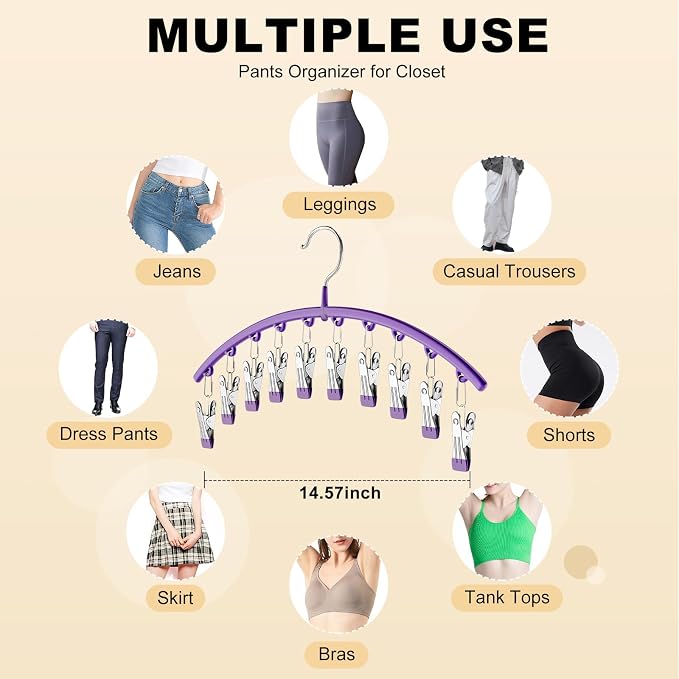 Volnamal Legging Organizer for Closet,4 Pack Metal Yoga Pants Hanger-Purple | Clothes Hanger w/10 Clips Hold 40 Leggings,Space Saving Hanging Closet Organizer College Dorm Essentials Apartment Essential - Image 3