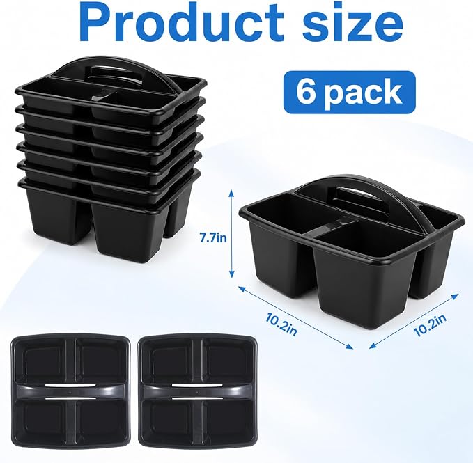 6 Pack 4 Compartment Classroom Caddy with Handle, Black - Image 2