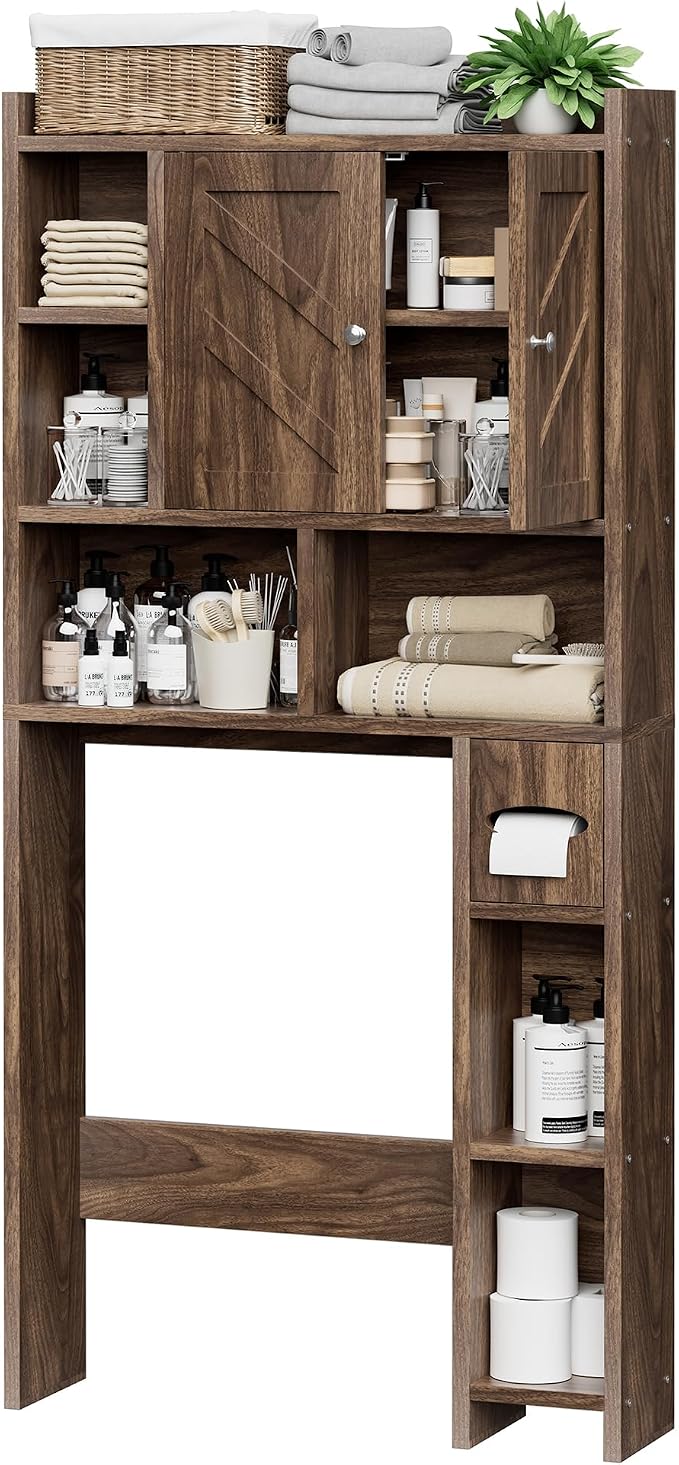 Over the Toilet Storage Cabinet, Freestanding Storage Cabinet Over Toilet, Bathroom Storages Organizer Cabinets with Toilet Paper Holder Stand and Adjustable Shelf, Walnut - Image 7