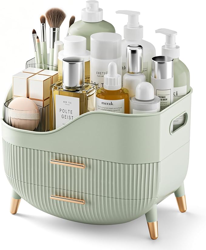 Pajiriona Makeup Organizer with Drawers, Green Skincare Organizer for Vanity, Storage Box with Handle, Large Cosmetic Display Case for Dresser, Bathroom Countertop by Pajiriona