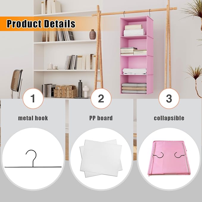 Hanging Closet Organizer 4-Shelf, Oxford Fabric Wardrobe Storage, Pink | Easy-mount foldable design holds clothes, handbags, shoes & accessories; washable Oxford fabric, sturdy and space-saving. - Image 6