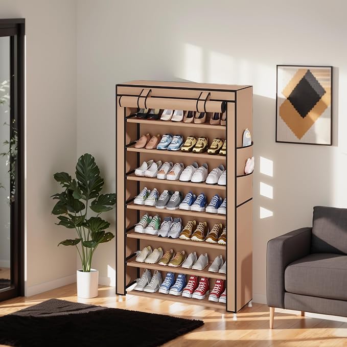 Laiensia 7-Tier Vertical Shoe Rack Organizer, Space Saving Shoe Storage Organizer, Non-Woven Cover Shoe Shelf Holds 28-35 Pairs for Bedroom, Hallway, Closet Entryway, Brown - Image 9