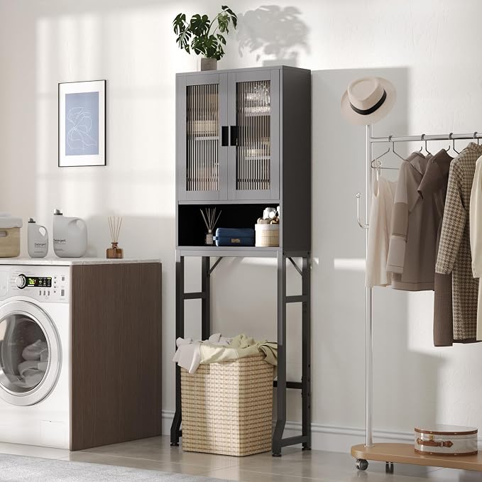 USHOWER Black Over The Toilet Storage Cabinet with Glass Doors - Image 7