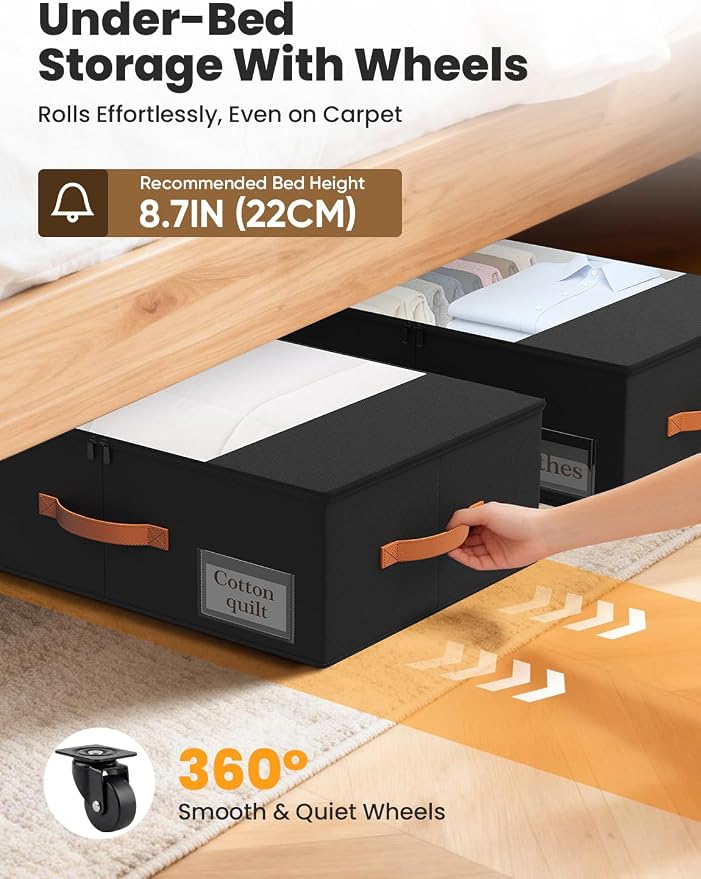 TOSKING 2-Pack Under Bed Storage Bins with Wheels, 4 Vacuum Bags, Heavy Duty 80 lbs, 7.9" Height, 47L Clear Lid Organizer, Space Saver for Dorm Bedroom Clothes Shoes Toys, Quick Assembly, Black - Image 6