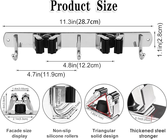 AceMining Broom Holder Wall Mount, 2 Racks 3 Hooks Heavy Duty Mop Organizer - Image 3
