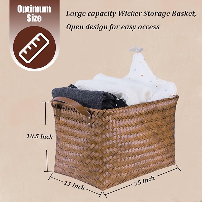 BROWNLILY Handwoven Clothes Basket Laundry Hampers Large Wicker Storage Baskets for Shelves Blankets Closet Storage Bins Car Bedroom Bathroom Organizers and Storage Bath (8, Brown) - Image 3