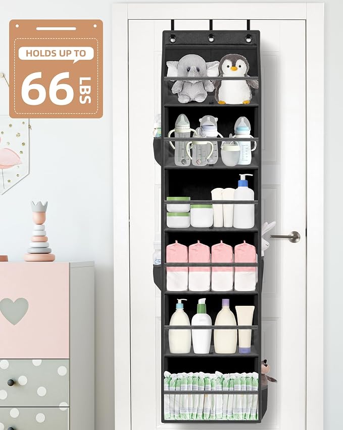 STORAGE MANIAC Over the Door Organizer 6-Shelf Closet Hanging Storage with 14 Mesh Pockets, 66lbs Capacity Clear Deep Pockets Behind Door Storage for Nursery, Bathroom, Bedroom, 1 Pack Black - Image 7