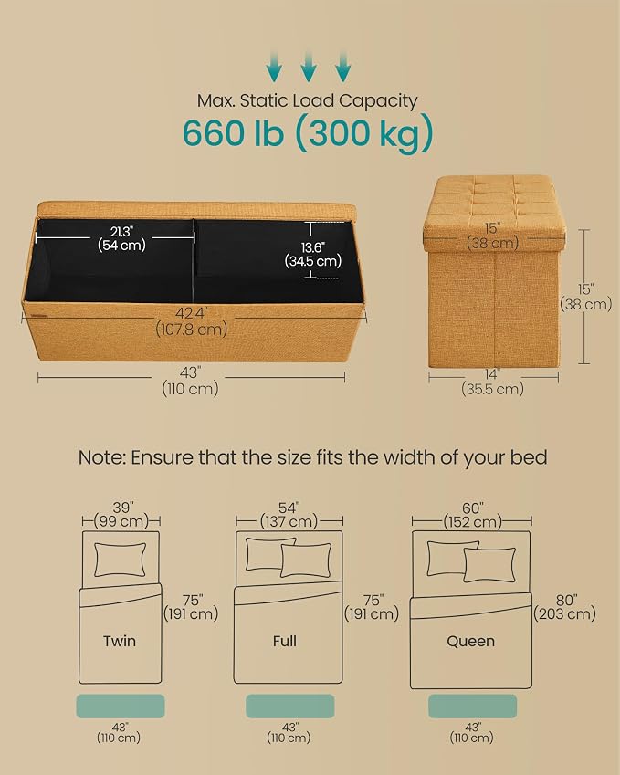 SONGMICS 43.3 Inches Folding Storage Ottoman Bench, Load 660 lb | Ottoman Foot Rest, Storage Chest, for Living Room, Entryway, Ginger and Ink Black, MINOTA Collection ULSF077K04 - Image 3