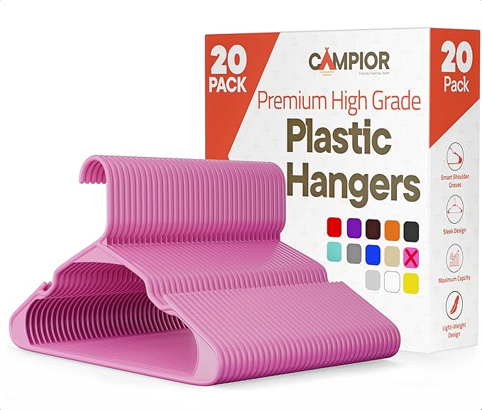 Pink Plastic Hangers 20 Pack– Heavy-Duty Plastic Hangers Slim and Space-Saving, Durable and Lightweight PP with Non-Slip Shoulder Notches for Slip Dresses, Suits, Jackets & Camisoles by Campior
