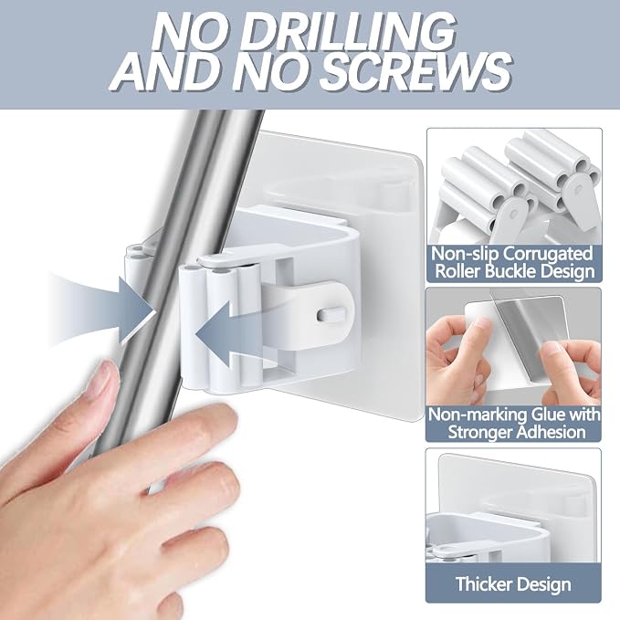 3-H 24-Pack Self Adhesive Broom Holder Wall Mount - Heavy Duty No Drill Broom Organizer for Garage Closet Kitchen, Plastic Storage Rack for Brooms Mops Tools, Peel and Stick Adhesive, White - Image 3