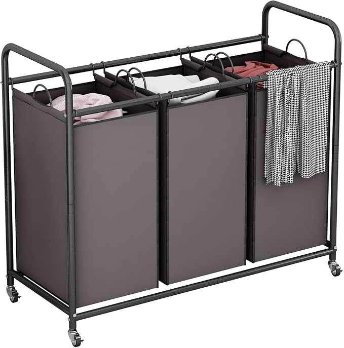LINZINAR 3-Bag Laundry Sorter,Laundry Hamper Cart with Heavy Duty Rolling Lockable Wheels and Removable Bags (Brown) by LINZINAR