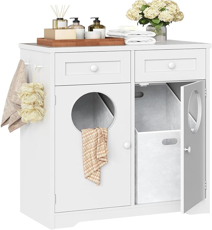 HOOBRO Double Laundry Hamper Cabinet, Hidden Laundry Cabinet with 2 Drawers & 2 Baskets, 20 Gallon Farmhouse Bathroom Laundry Hamper with 2 Clothes-Toss Holes, White WT36XY01 by HOOBRO