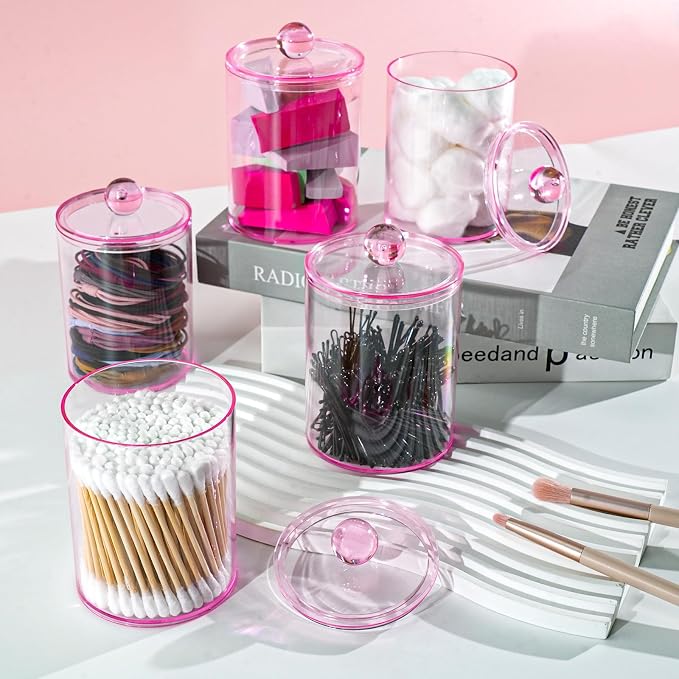 2 Pcs Acrylic Qtip Holder, Cotton Ball Holder Jars with Lids, Pink - Image 5