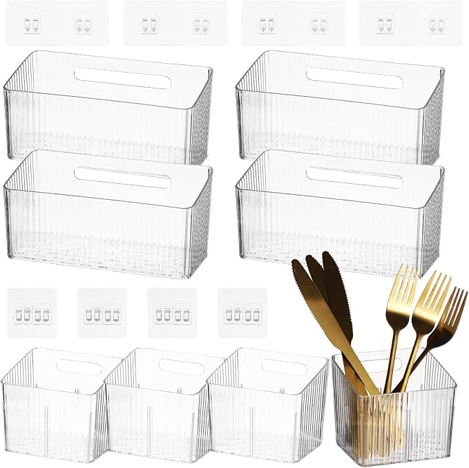 8 PCS Clear Cabinet Door Organizer Bins with Adhesive Hooks, Wall Mount Hanging Storage Baskets with Drain Holes, Plastic Under Sink Drawer Organizers for Bathroom, Kitchen, Pantry, Fridge by Joyibay