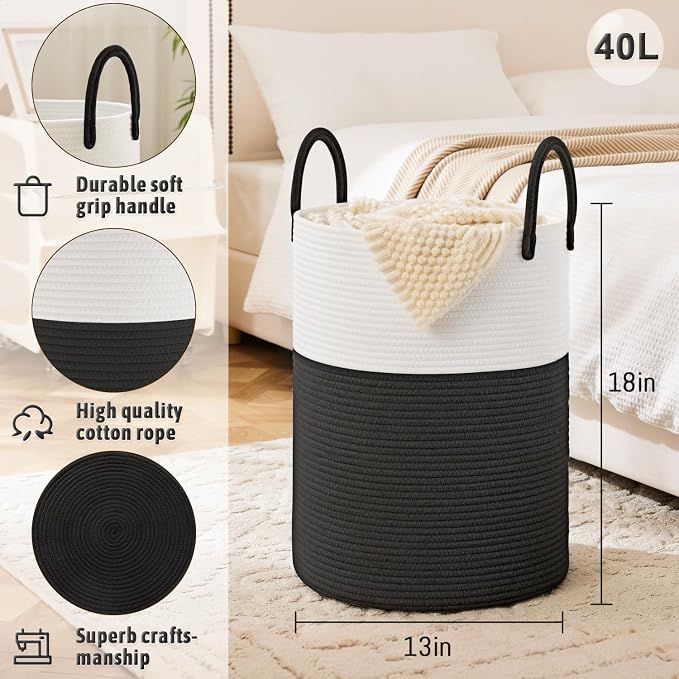 Artfeel Laundry Basket,Woven Cotton Rope Laundry Hamper,40L for Decorative Storage of Dirty Clothes,Toys and Blankets in Bathroom,Baby Room and Living Room - Image 6
