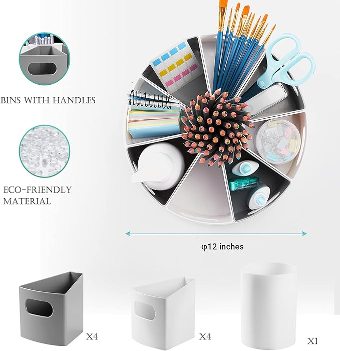 MeCids 360 Rotating Storage Organizer Desk Organizers Pen Holder– 12” Lazy Susan Style Caddy with Removable Bins, for Home Office Supplies, Art Supplies, Make-up & Kitchen Use, with Card & Gift Box - Image 4