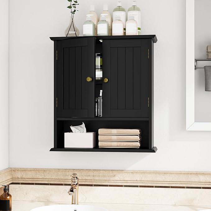 Bathroom Wall Cabinet, Bathroom Cabinet Wall Mount with 2 Doors and Open Shelf, Over The Toilet Wall Storage, Wooden Medicine Cabinets - Image 2