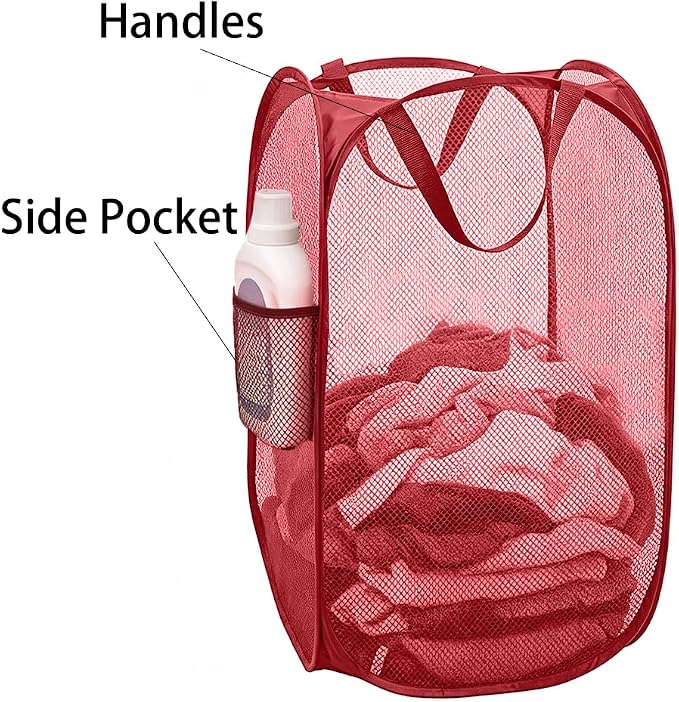 Larpur Popup Mesh Laundry Basket, Collapsible and Portable Clothes Washing Laundry Hamper with Reinforced Carry Handle (Red) - Image 5
