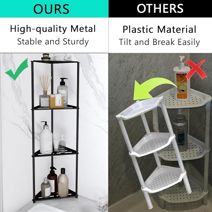 Standing Corner Shower Caddy, 4 Tier Stainless Steel Organizer Stand, Rustproof Shelves for Inside Shower, Black - Image 3