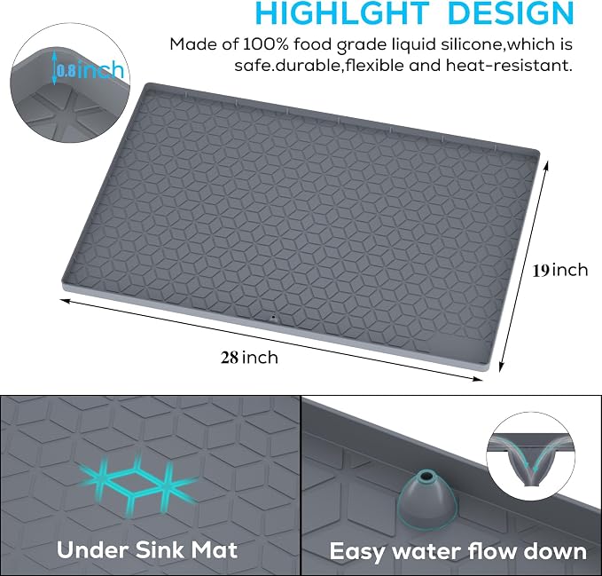 Under Sink Mat for Kitchen, Silicone Waterproof Liner, Flexible Organizer Tray with Drain Hole, 3.3 Gallons Capacity, Easy to Clean (Gray, 28x19) - Image 2