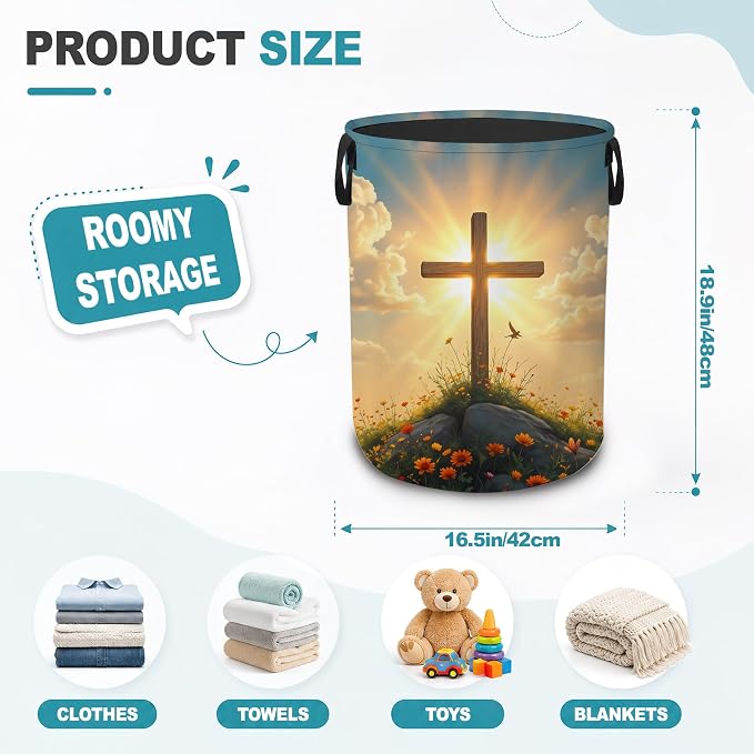 Cross Wildflower Collapsible Laundry Hamper,Easter Sunrise Flowers Waterproof Oxford Cloth Clothes Basket with Handles for Bathroom Bedroom Nursery Dorm Room,16" x 20" - Image 2