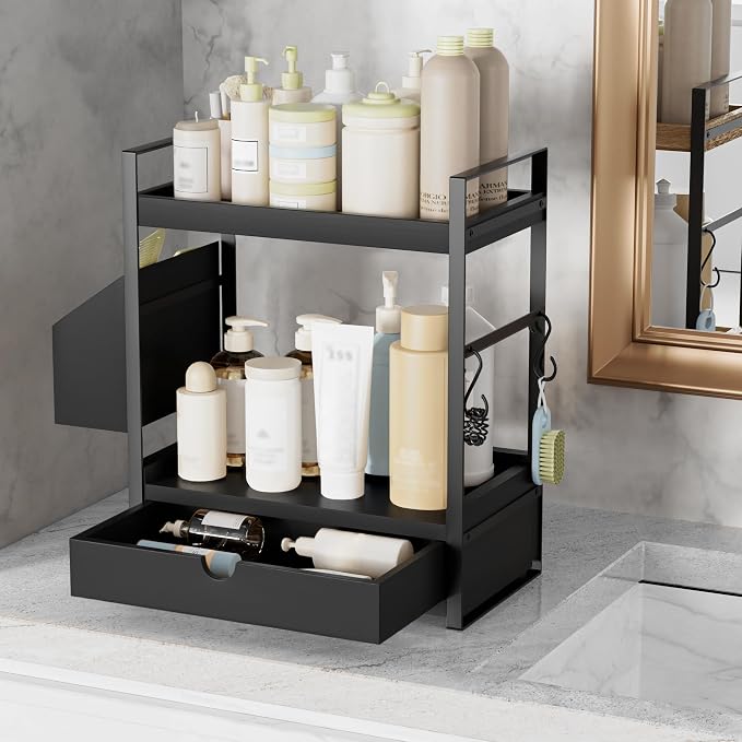 2-Tier Bathroom Counter Organizer, Wooden Vanity Shelf with Drawer & Basket - Image 5