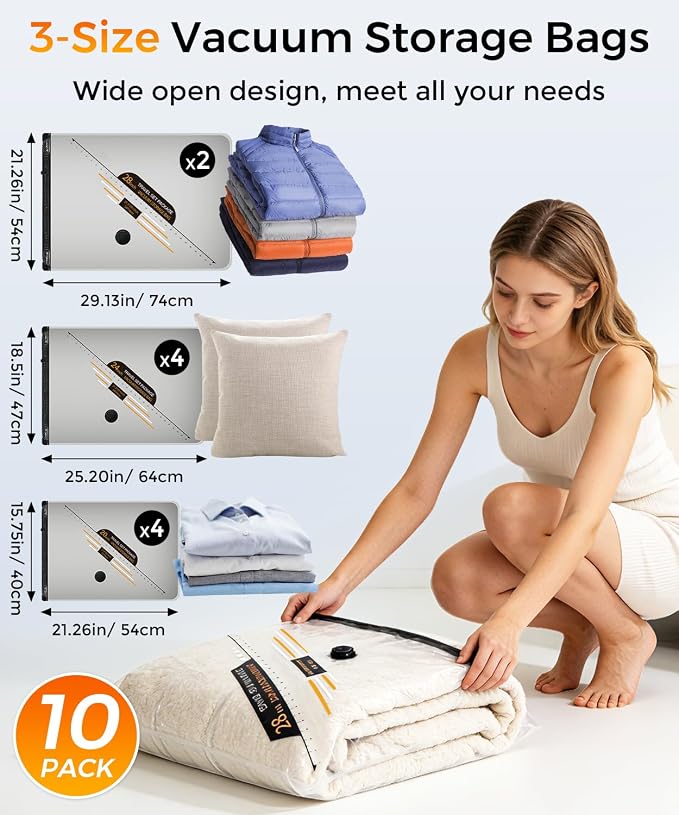 Vacuum Storage Bags with Rechargeable Electric Air Pump, 10 Pack Airtight Compression Packing Bags Space Saver for Clothes, Travel, Clothing, Luggage, Suitcase, (2 Large/4 Medium/4 Small) - Image 3