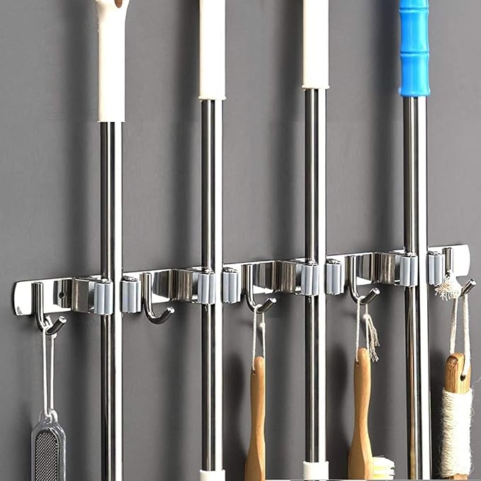 Broom Mop Holder Wall Mount Tool Hanger Organizer (4 Racks 5 Hooks) by Saxhorn