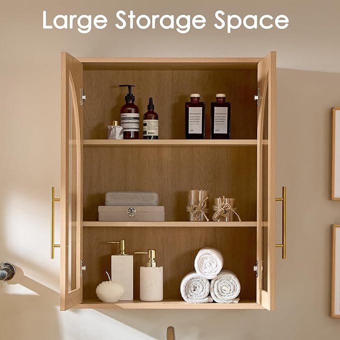 Bathroom Wall Cabinet, 23.5×31.4'' Storage Cabinet, Arched Cabinet Wall Mount with Adjustable Shelf & Glass Doors, Medicine Cabinet for Laundry Room, Bathroom, Kitchen, Living Room,Natural,3PCS - Image 3