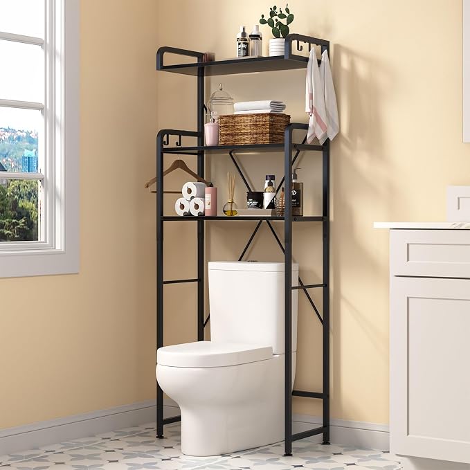Huhote Over-The-Toilet Storage Rack with 3-Tier Shelves, Space Saver Toilet Shelf, Bathroom Storage Organizer with Hooks for Over-Toilet Storage (Black) by Huhote