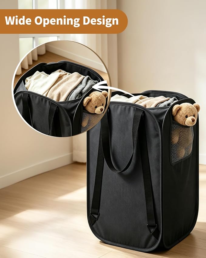 House Again 2 Pack 76L Laundry Backpack, 210D Oxford Heavy Duty Laundry Bag Backpack with Adjustable Shoulder Straps, Foldable Laundry Bag for College Dorm and Travel, Black - Image 4