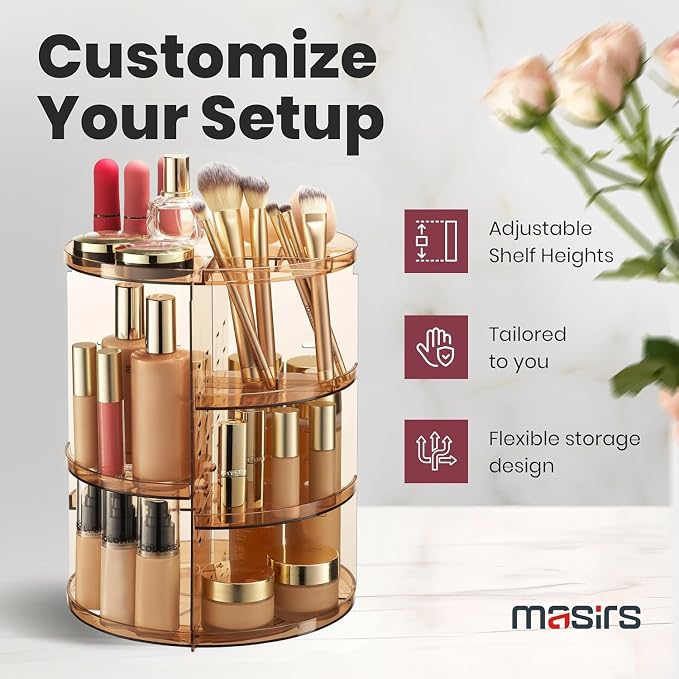 Masirs 360 Rotating Makeup Organizer Countertop, Adjustable Shelf, Brown - Image 3