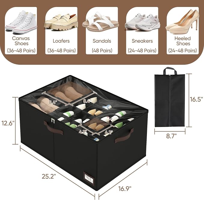 OIAHOMY 2 Pack Shoe Organizer for Closet, Large Foldable Shoe Storage Bins with Dividers and Reinforced Handles, Each Clear Cover Sneaker Box Fits Up to 24 Pairs for Entryway and Bedroom, Black - Image 3