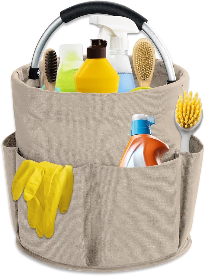 17L Cleaning Caddy with Handle, Cleaning Supplies Organizer, Foldable Storage Basket, Cleaning Supply Caddy, Portable Multi Cleaning Bucket Bag for Home, Garden (Khaki) by Unknown