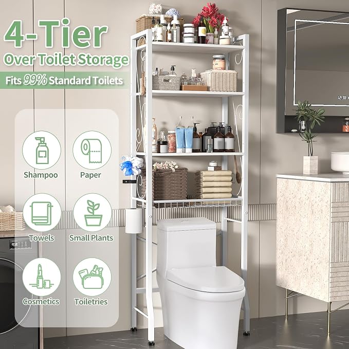 Over-The-Toilet Storage Rack 4-Tier,Bathroom Organizer Shelf Over Toilet,Adjustable Wooden Shelves and Basket,Freestanding Above Toilet Shelve,Space Saver for Rooms(White Rack-White Shelves) - Image 8