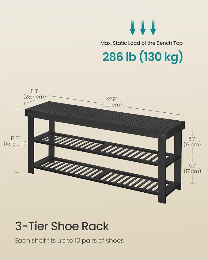 SONGMICS Shoe Rack Bench, 3-Tier Bamboo Entryway Bench, 42.9 Inches Width | Shoe Storage Organizer, Holds Up to 286 lb, Ink Black, BAMBOU Collection ULBS110B101 - Image 2