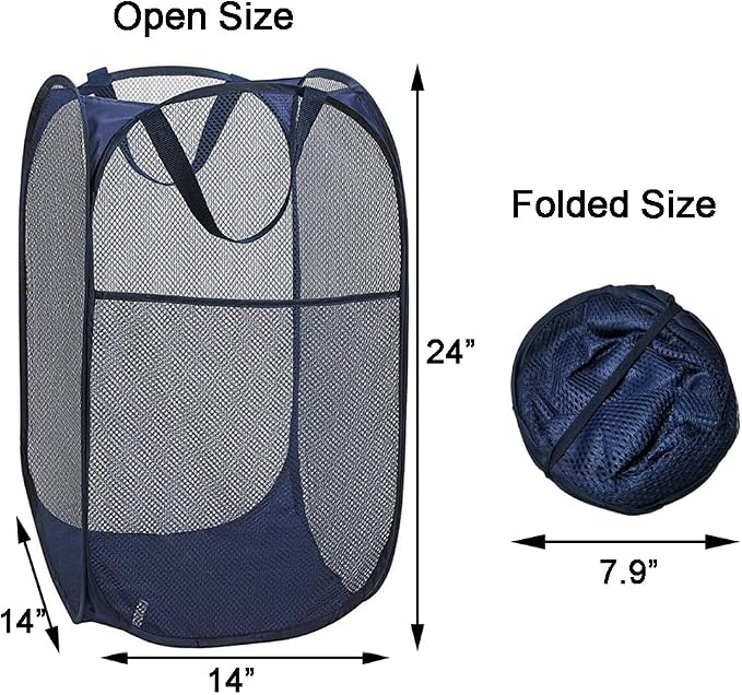 2 Packs Mesh Pop up Laundry Hamper (Black/Navy Blue) with Portable Durable Handles, Collapsible for Storage, Folding Pop-Up Clothes Hampers for Apartment, Home, College Dorm or Travel - Image 2