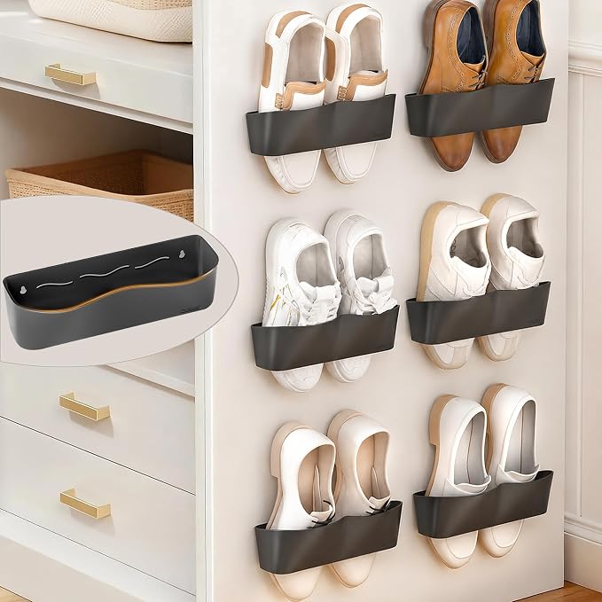6Pack Wall Mounted Shoe Rack, Adhesive & Drill Mount - Black by DegMongee