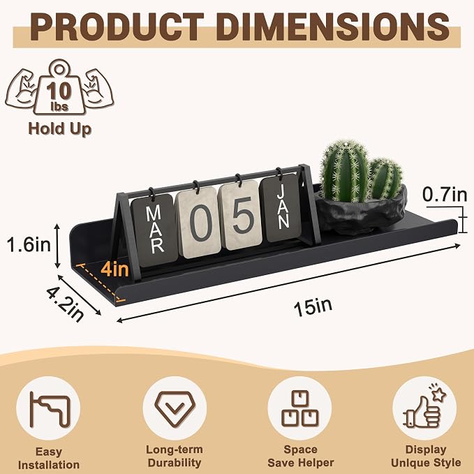 Qukaka Floating Shelves for Wall Decor, 15" Wall Shelves for Bedroom, Living Room, Kitchen, Bathroom Decor, Nail Polish/Book/Decoration/Makeup/Perfume Organizer Floating Shelf-3Pack Black - Image 3
