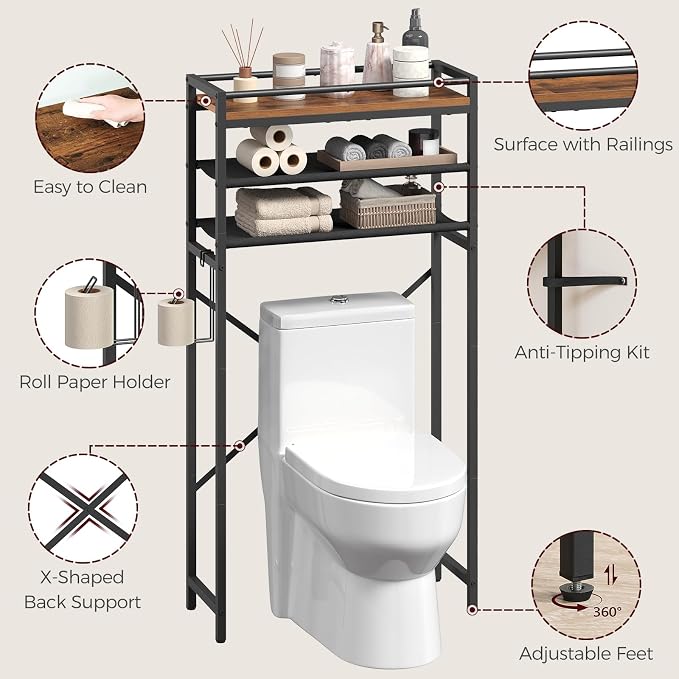 MAHANCRIS Over Toilet Storage, 3-Tier Bathroom Organizer Shelf with Toilet Paper Holder, Freestanding Space Saver Bathroom Shelves Above Toilet for Bathroom, Laundry Room, Rustic Brown TSHR1201 - Image 6