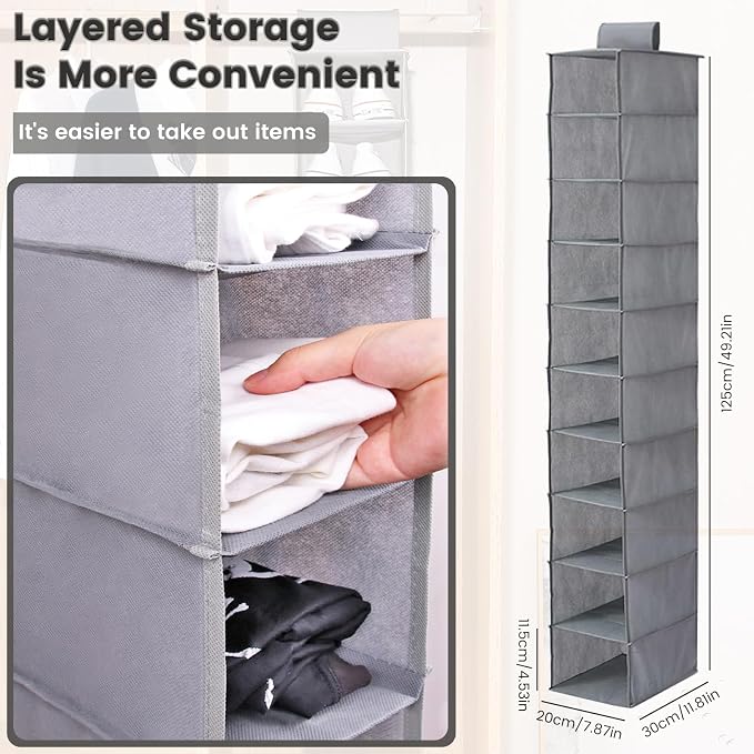 HomeBeyond 10 Shelf Hanging Closet Organizer, Grey Storage Shelves for Clothes, Shoes, and Accessories, Space Saving Closet Storage Solution - Image 5