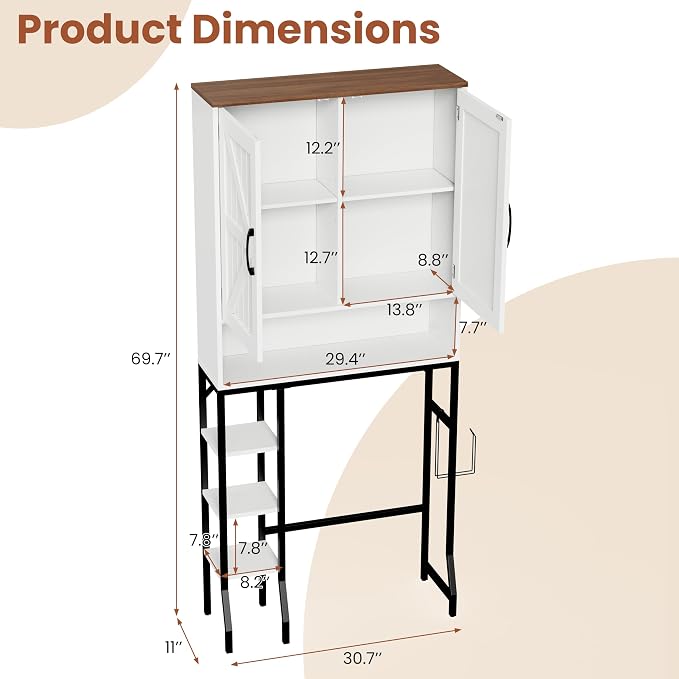 Over The Toilet Storage Cabinet,31" W Bathroom Organizer, White - Image 2