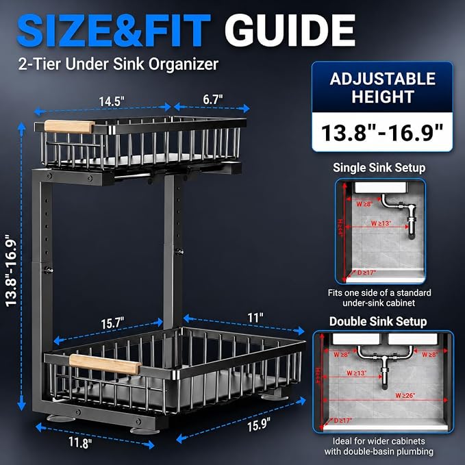 Under Sink Organizer 2 Pack, Double Slide Out Metal Shelf, Black - Image 2