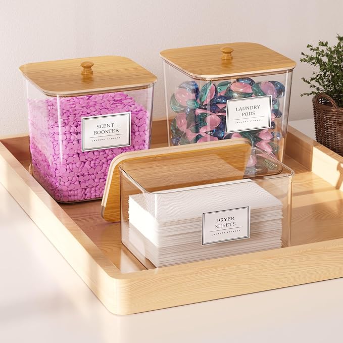 HomePekite Laundry Pods Storage Container, Clear Acrylic Laundry Room Organization and Storage ,Detergent Powder Container,with Wooden Lids & Labels, 4+1 Pack - Image 3