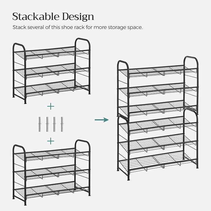 SONGMICS 3-Tier Stackable Metal Shoe Rack, Holds Up to 12 Pairs of Shoes | Shoe Organizer for Closet, Entryway, and Small Spaces, with Adjustable Slanted Shelves, Black, DAVIAN Collection ULMR066B01 - Image 7