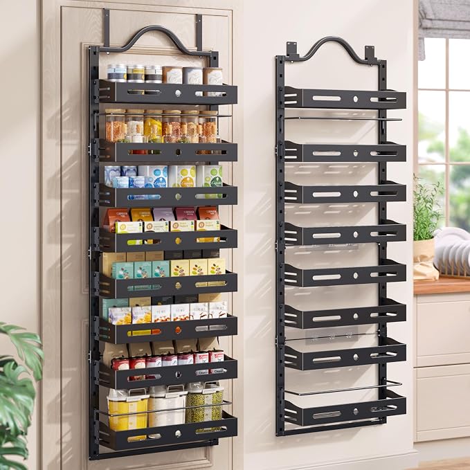 8-Tier Pantry Door Organizer, Large 2 IN 1 Wall Mount or Over The Door Pantry Organizer, Pantry Door Spice Rack with Adjustable Baskets, Over Door Organizer for Kitchen,（72.6×17.1×5.1in,Black) by FREEXPLOYER