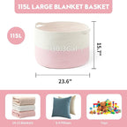 Foldable Laundry Hamper Basket with Collapsible Handle Cotton Rope Soft Woven Fabric Storage Organizer Clothes Toys Nursery Bedroom Dorm Space Saving Bin (White & Pink, 115L(23.6"D x 15.7"H)) - Image 5