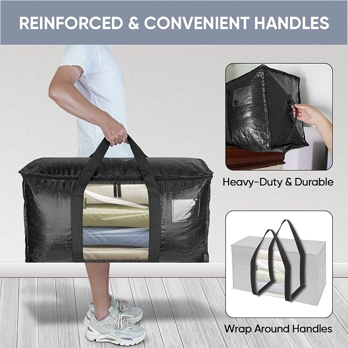 BALEINE 2-Pack Oversized Moving Bags with Reinforced Handles, Heavy-Duty Storage Tote Moving Supplies for Packaging, Camping (Black w/Window, 2-Pack) - Image 4