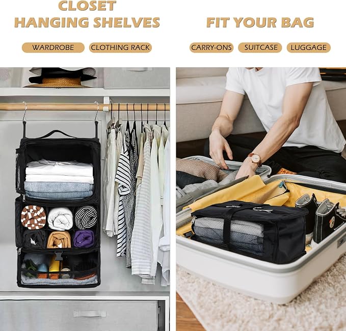 Surblue Hanging Shelves Travel Storage Bag Compression Packing Cube for Suitcase Collapsible with Extension Layer Large Capacity, Black,XL - Image 2